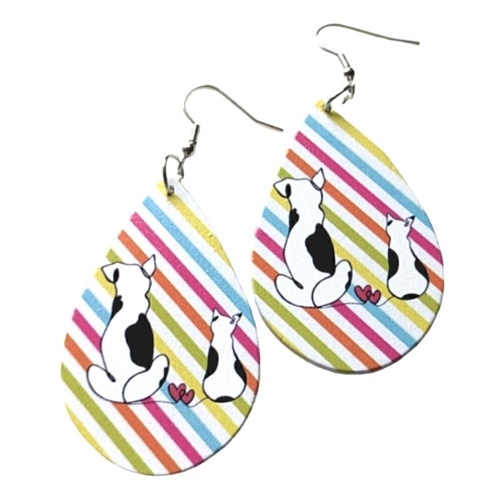 Dog Cat Puppy Love Colorful Striped Wood Teardrop Earrings